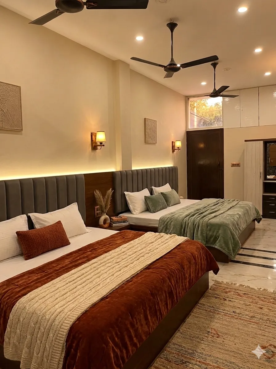 Family Suite — Clean hotel room interior Shri Balaji Dham Mathura with WiFi and hot water
