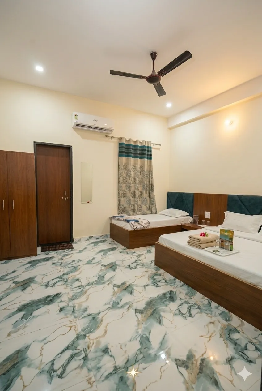 Triple Bed — AC deluxe room Shri Balaji Dham Hotel Mathura clean comfortable bedding